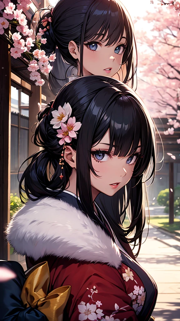 (1girl:1.3), Masterpiece, Best quality, amazing beauty, [[3D]], 4K, absurdres, finely detail, super detailed eye, perfect anatomy, official art, cinematic lighting, BREAK, silky long hair, silky side ponytail, black hair, super shiny detailed black eye, big eyes, sparkle(in the eyes), thick eyebrow, close-mouth, plump lips, Mascara, False eyelashes, red lips, hairpin, Looks like fun, BREAK , huge breasts, tall, medium, wheat skin, , BREAK , traditional Japanese setting, young woman in a colorful kimono, sitting gracefully, gazing at the scenic view, cherry blossoms in the background, serene atmosphere, natural lighting, high detail, BREAK,(kimono:1.3)