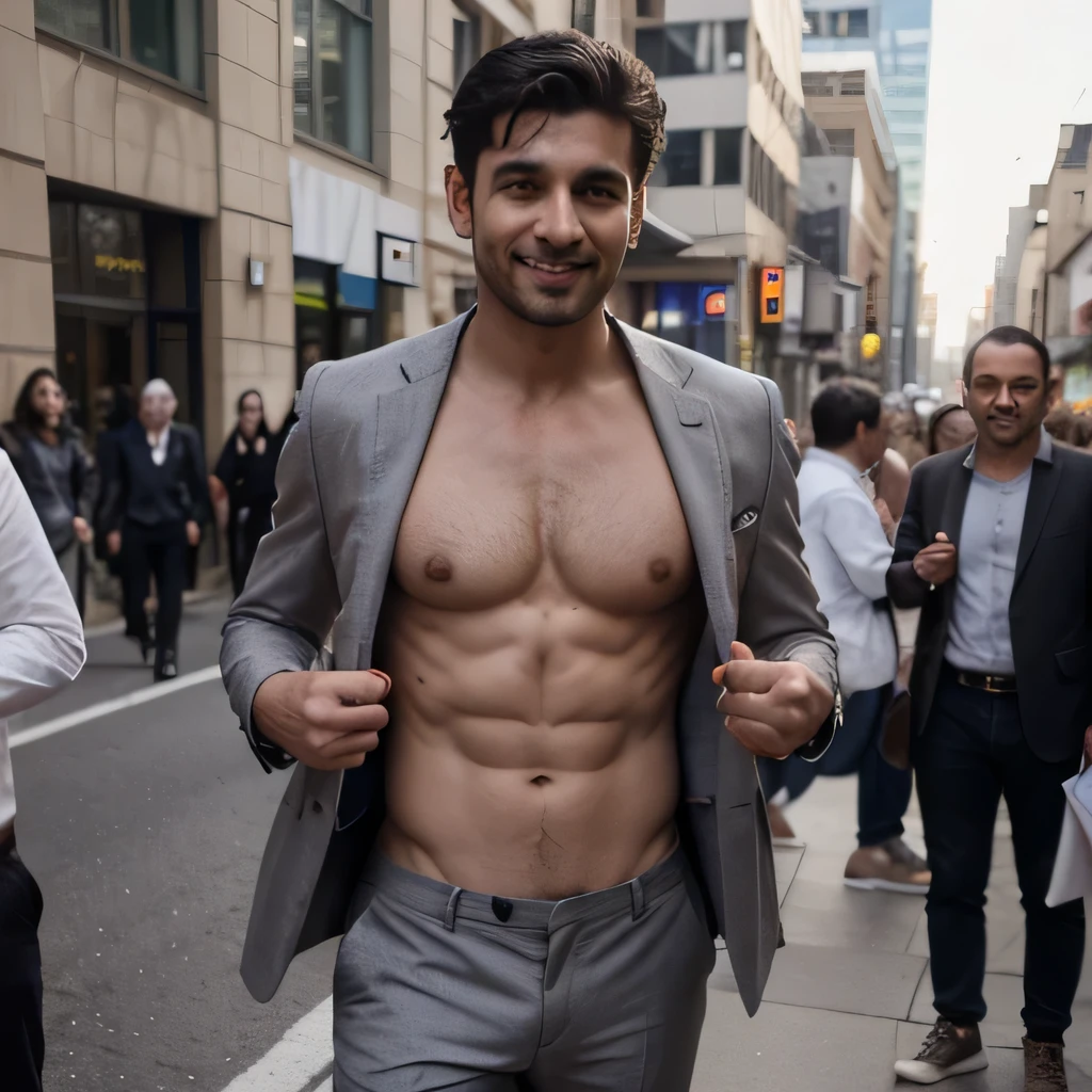 ((best quality)), ((masterpiece)), (detailed),jibraan khan open his Shirt off in front of crowded people .he just wears a grey suit. He has a good muscular body. Sixpack. Hairy chest. He is an artist. Smile for everyone. He is standing on the Road. He and his friend ((guy)) are talking each other