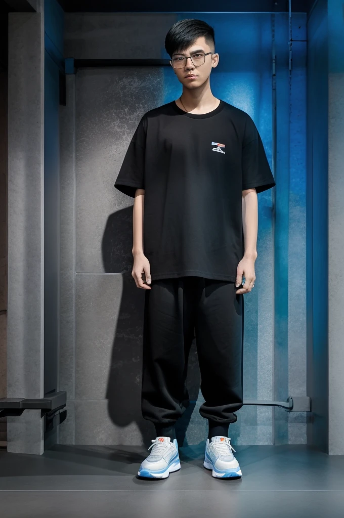 21 year old Beijing young boy, he is wearing a oversize xxl blue plain t-shirt, he is wearing black trousers, he is wearing sneakers, he is wearing glasses, city, full body, he is buzz cut Hair, foot, walking