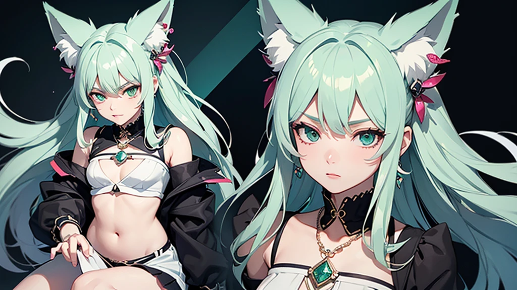 High angle bust zoom up。flat２D Anime Illustration。Emerald Punk Background。Ultra high definition。Enraged, he turns his face away。Sitting flat on the floor。Belly button exposed。Mature woman with long white hair and fox ears。Huge bust。Many earrings。Many necklaces。Many brooches。Many hair accessories。