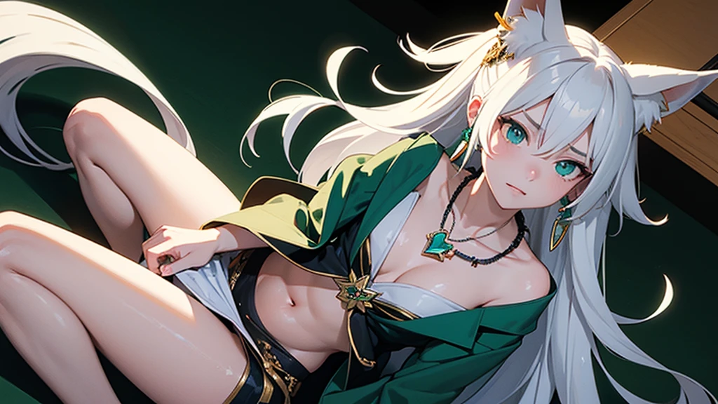 High angle bust zoom up。flat2D Anime Illustration。Emerald Punk Background。Ultra high definition。Enraged, he turns his face away。Sitting flat on the floor。Belly button exposed。Mature woman with long white hair and fox ears。Huge bust。Many earrings。Many necklaces。Many brooches。Many hair accessories。