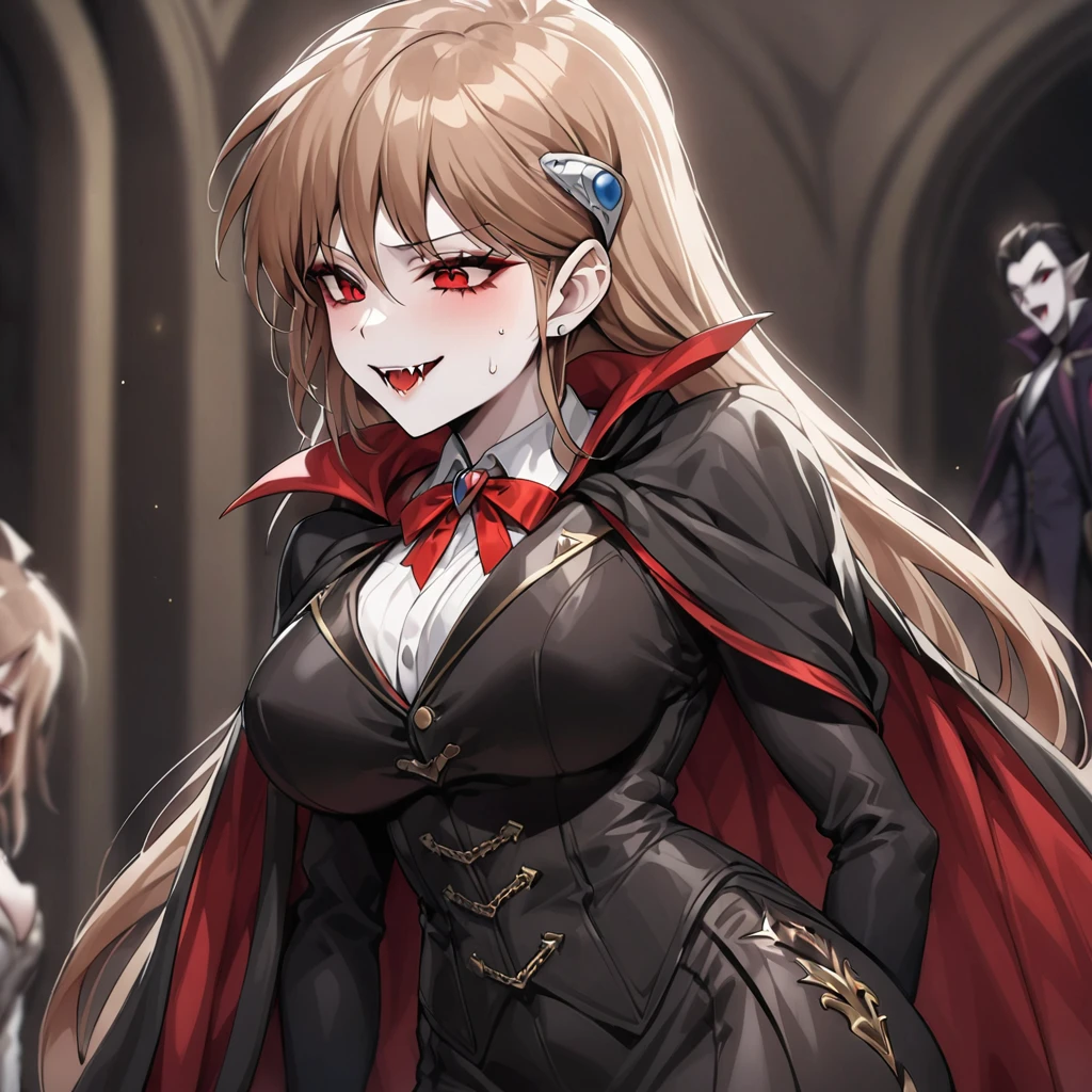 ((Highest quality)), ((masterpiece)), (detailed), (Perfect Face)、The woman is Princess Leona, a vampire and Countess of Dracula, with medium-long light brown hair and a Countess of Dracula costume with a vampire cloak.、A woman is embracing the majestic vampire Count Dracula