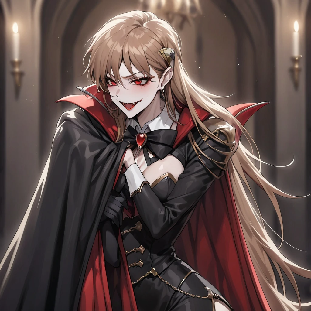 ((Highest quality)), ((masterpiece)), (detailed), （Perfect Face）、The woman is Princess Leona, a vampire and Countess of Dracula, with medium-long light brown hair and a Countess of Dracula costume with a vampire cloak.、A woman is embracing the majestic vampire Count Dracula