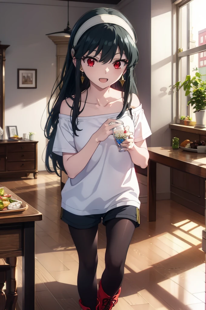 Yorbraia, Yor Briar, Black Hair, (Red eyes:1.5), Earrings, gold hair band, hair band, Long Hair,  (Medium chest:1.2), happy smile, smile, Open your mouth,Oversized one-shoulder t-shirt,Shorts,Black pantyhose,short boots,,whole bodyがイラストに入るように,Walking,food, drink, Tables and chairs, cleaning, tray, tray in one hand
break indoors,room,living,
break looking at viewer, whole body,
break (masterpiece:1.2), Highest quality, High resolution, unity 8k wallpaper, (figure:0.8), (Beautiful attention to detail:1.6), Highly detailed face, Perfect lighting, Highly detailed CG, (Perfect hands, Perfect Anatomy),