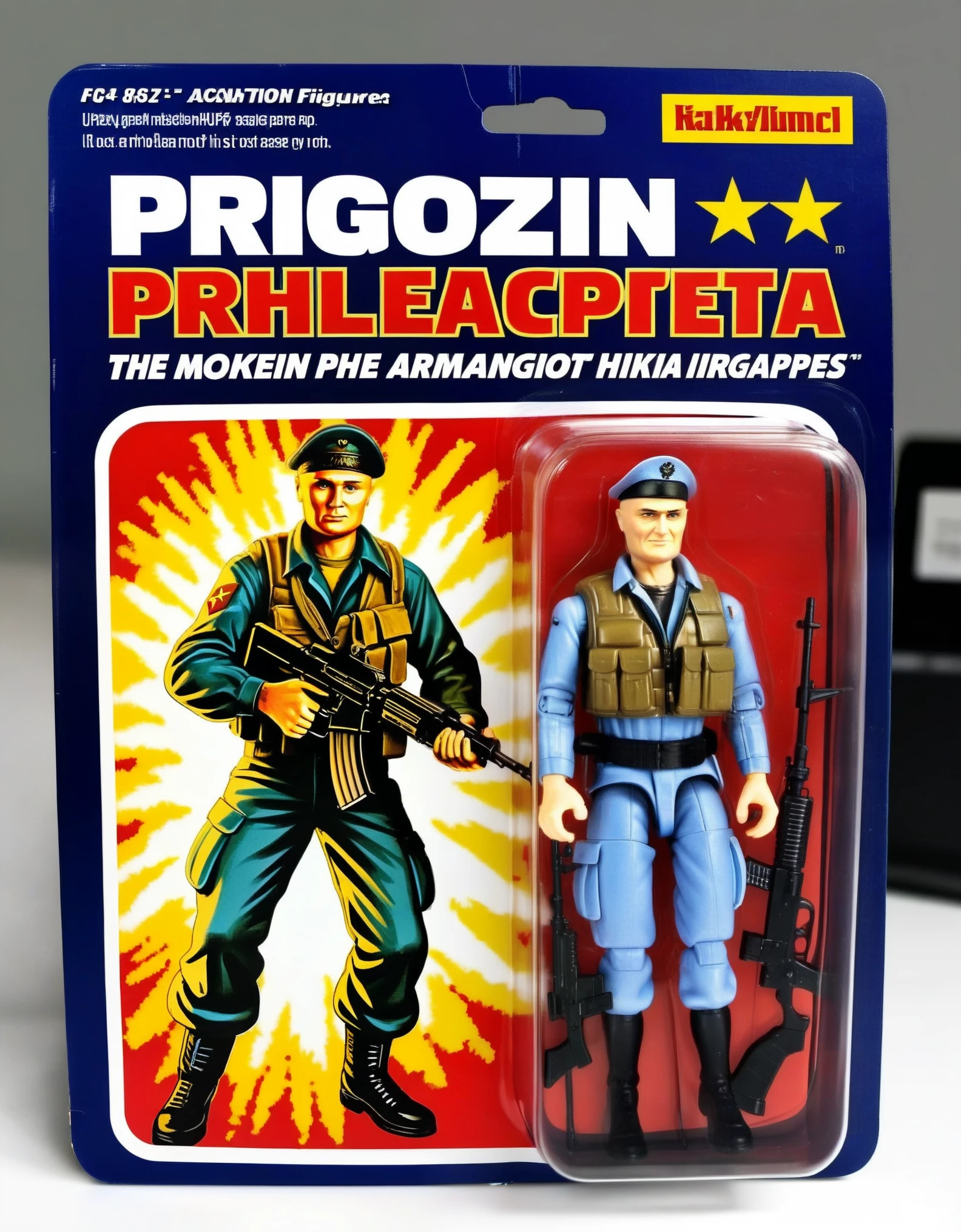 An action figure of Prigozhin in a plastic box, resembling a photograph. The figure is in a Excitement in standing with a AK-74 assault rifle, wearing army uniform, The packaging displays Prigozhin's dynamic in-life moments and his signature interpretation,