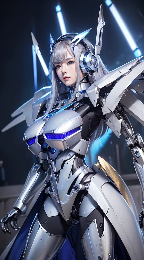 ((Intense action pose:1.6))、((Shining lenses on both breasts:1.3))、((Blue pillars of light are emanating from both chests.:1.3))、smile、((8K)), ((32k)), ((Highest quality)), ((masterpiece)), ((超A high resolution)), ((Tmasterpiece)), ((Halation:1.4))、((Mechaニカルheadgear:1.2))、((Cyber headphones:1.3))、Fine skin, High quality fabric, Fine metal texture、((Beautiful and dense face))、RAW Photos、Professional, Ultra-fine painting, ((alone)), Beautiful breasts、Highest quality, Very detailed, Very detailed詳細, Finer details, so beautiful, ((Princess Knight Robot:1.2)), (Joints of machines, Mechanical Limbs:1.3), (The internal structure of the machine is exposed:1.3), (Long silver hair:1.1), (Beautiful and huge mechanical breasts)、White Veil, cowboy_shot, Side Focus, headgear, Shiny、(Five Fingers, Four fingers and thumb),Concept Art, Anime fantasy artwork, Detailed fantasy art, (with pale blue-violet hair and large white wings,,,,,,,), (((Long silver hair))), (Mecha:1.6)、Sleek and intimidating design, ((Commander-in-Chief'arm)), (Perfect robot body)、純白と青紫armまたは, Symmetrical wings, 8K high quality, detailed art, 3D rendering of character art in 8K, neat legs, Defined, Defined fingers,