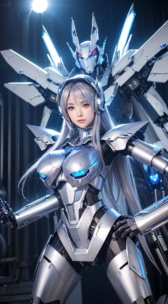 ((Intense action pose:1.6))、((Shining lenses on both breasts:1.3))、((Blue pillars of light are emanating from both chests.:1.3))、smile、((8K)), ((32k)), ((Highest quality)), ((masterpiece)), ((超A high resolution)), ((Tmasterpiece)), ((Halation:1.4))、((Mechaニカルheadgear:1.2))、((Cyber headphones:1.3))、Fine skin, High quality fabric, Fine metal texture、((Beautiful and dense face))、RAW Photos、Professional, Ultra-fine painting, ((alone)), Beautiful breasts、Highest quality, Very detailed, Very detailed詳細, Finer details, so beautiful, ((Princess Knight Robot:1.2)), (Joints of machines, Mechanical Limbs:1.3), (The internal structure of the machine is exposed:1.3), (Long silver hair:1.1), (Beautiful and huge mechanical breasts)、White Veil, cowboy_shot, Side Focus, headgear, Shiny、(Five Fingers, Four fingers and thumb),Concept Art, Anime fantasy artwork, Detailed fantasy art, (with pale blue-violet hair and large white wings,,,,,,,), (((Long silver hair))), (Mecha:1.6)、Sleek and intimidating design, ((Commander-in-Chief'arm)), (Perfect robot body)、純白と青紫armまたは, Symmetrical wings, 8K high quality, detailed art, 3D rendering of character art in 8K, neat legs, Defined, Defined fingers,