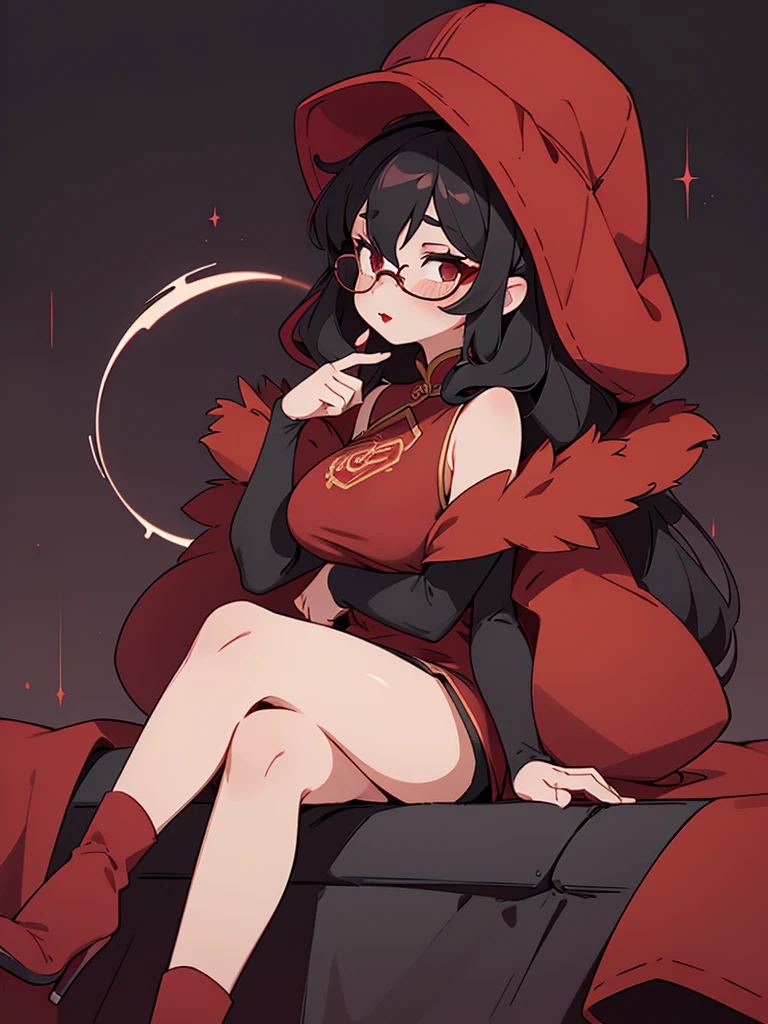 Cool beauty,Looks sweet,black long curls hairstyle, (wearing furry coated red cloak, off-shoulders), red lipstick, wearing round black glasses, show clavage, show big thigh, huge breast, full body photo, sitting on the sofa. Dark background, in a chinese karaoke room