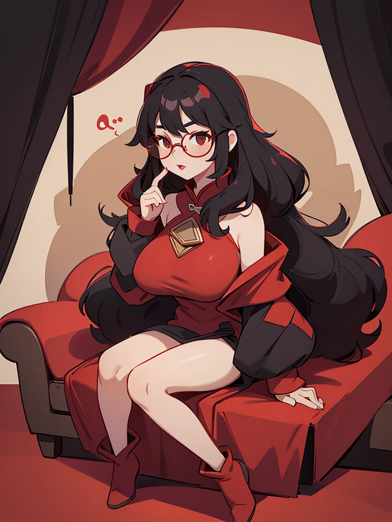 Cool beauty,Looks sweet,black long curls hairstyle, (wearing furry coated red cloak, off-shoulders), red lipstick, wearing round black glasses, show clavage, show big thigh, huge breast, full body photo, sitting on the sofa. Dark background, in a chinese karaoke room