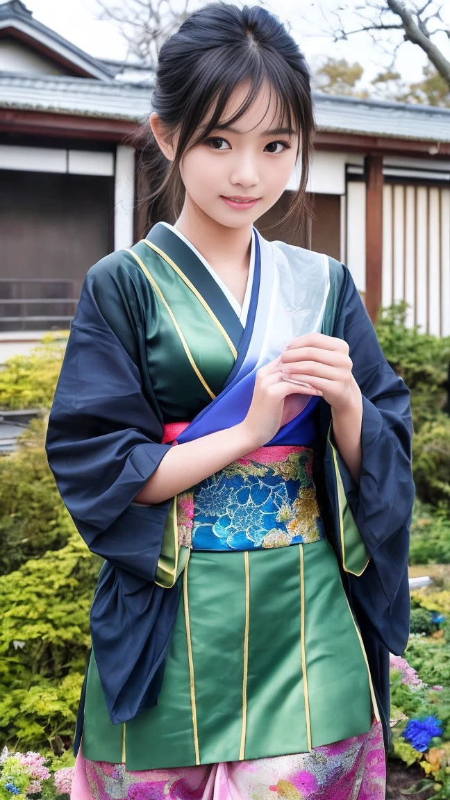 最high quality、high quality、Best image quality、8K、最High resolution、High resolution、最high quality、masterpiece、RAW Photos、whole body写真、Detailed and realistic human body、Detailed and realistic skin、Realistic face in every detail、Detailed and realistic eyes、Detailed and realistic lips、Detailed and realistic teeth、Detailed and realistic ears、Detailed and realistic hair、Realistic reproduction of every detail、((Beautiful Hands(thumb1、reference4))、Realistic feet down to the last detail、((Beautiful Japanese ))、(Japanese Model)、((Beautiful Japanese Junior High School Student girl))、(Black Hair)、(Random Hairstyles)、())、((Child body type))、(Flat chest)、(whole body光沢肌、Fair skin)、Soft natural light、Mini Chinese Dress、Mini Kimono、Ninja costume、Japanese tradition、Japanese garden、((Colorful see-through(花柄入りNinja costume))、((Relax in the garden(Poses to make your thighs look beautiful))