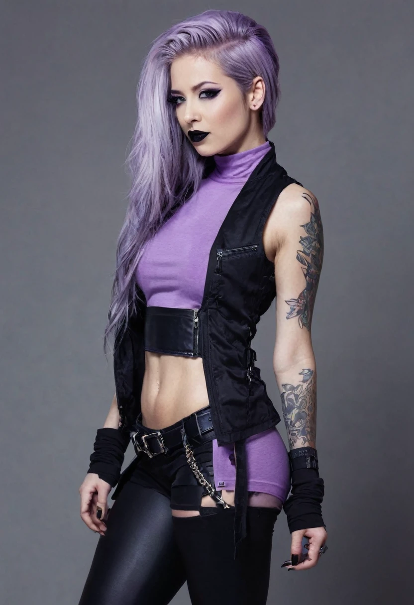 rating_explicit, beautyful woman, gothic, woman, black lipstick, tattoos in whole body, encorped, sexy ninja lilac vest, slender body, long hair, lilac vest, lilac sidecut hair, lilac hair, sidecut hair,