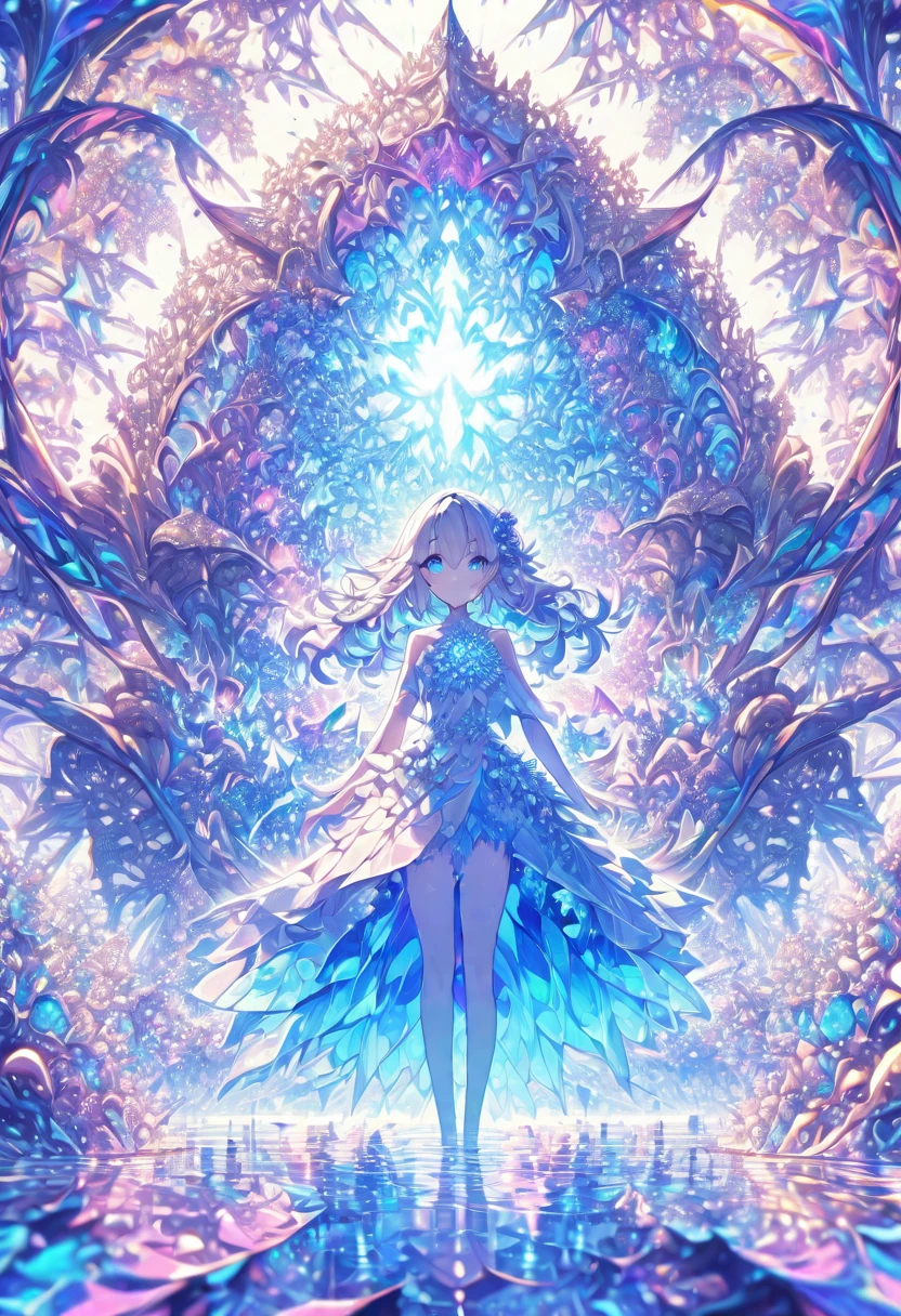 ((masterpiece)), (anime:1.3), ((Highest quality)), (Abstract art:1.5), (High resolution), (pale colour), Wide Shot, (Fractal structure:1.5), , landscape, (beautiful), (Biological atmosphere), deep sea, (pretty girl), beautiful白い髪, transparent Glass ice mirror Blue rose water晶 透き通っている water prism
