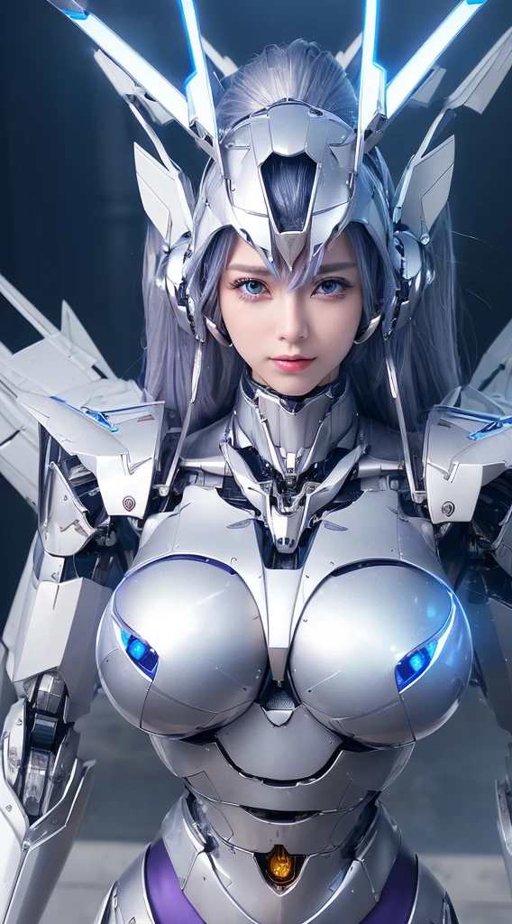 ((Intense action pose:1.6))、((Shining lenses on both breasts:1.3))、((Blue pillars of light are emanating from both chests.:1.3))、smile、((8K)), ((32k)), ((Highest quality)), ((masterpiece)), ((超A high resolution)), ((Tmasterpiece)), ((Halation:1.4))、((Mechaニカルheadgear:1.2))、((Cyber headphones:1.3))、Fine skin, High quality fabric, Fine metal texture、((Beautiful and dense face))、RAW Photos、Professional, Ultra-fine painting, ((alone)), Beautiful breasts、Highest quality, Very detailed, Very detailed詳細, Finer details, so beautiful, ((Princess Knight Robot:1.2)), (Joints of machines, Mechanical Limbs:1.3), (The internal structure of the machine is exposed:1.3), (Long silver hair:1.1), (Beautiful and huge mechanical breasts)、White Veil, cowboy_shot, Side Focus, headgear, Shiny、(Five Fingers, Four fingers and thumb),Concept Art, Anime fantasy artwork, Detailed fantasy art, (with pale blue-violet hair and large white wings,,,,,,,), (((Long silver hair))), (Mecha:1.6)、Sleek and intimidating design, ((Commander-in-Chief'arm)), (Perfect robot body)、純白と青紫armまたは, Symmetrical wings, 8K high quality, detailed art, 3D rendering of character art in 8K, neat legs, Defined, Defined fingers,