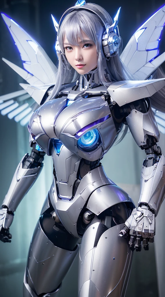 ((Intense action pose:1.hining lenses on both breasts((Blue pillars of light are emanating from both chests.:1.3))、smile、((8K(32k)), ((Highest quality)), ((masterpiece)), ((超A high resolution)), ((Tmasterpiece)), ((Halation:1.4))、((Mechaニカルheadgear:1.2))、((Cyber headphones:1.3))、Fine skin, High quality fabric, Fine metal texture、((Beautiful and dense face))、RAW Photos、Professional, Ultra-fine painting, ((alone)), Beautiful breasts、Highest quaery detailed, Very detailed詳細, Finer details, so beautiful, ((Princess Knight Robot:1.2)), (Joints of machines, Mechanical Limbs:1.3), (The internal structure of the machine is exposed:1.3), (Long silver hair:1.1), (Beautiful and huge mechanical breasts)、White Veil, cowbo Side Focus, headgear, Shiny、(Five Fingers, Four fingers and thumb),Concept Art, Anime fantasy artwork, Detailed fantasy art, (with pale blue-violet hair and large white wings,,,,,,,), (((Long silver hair))), (Mecha:1.6)、Sleek and intimidating design,ommander-in-Chief'arm)), (Perfect robot body)、純白と青紫armまたは, Symmetrical wings, 8K high quality, detailed art, 3D rendering of character art in 8K, neat legs, Defined, Defined fingers,