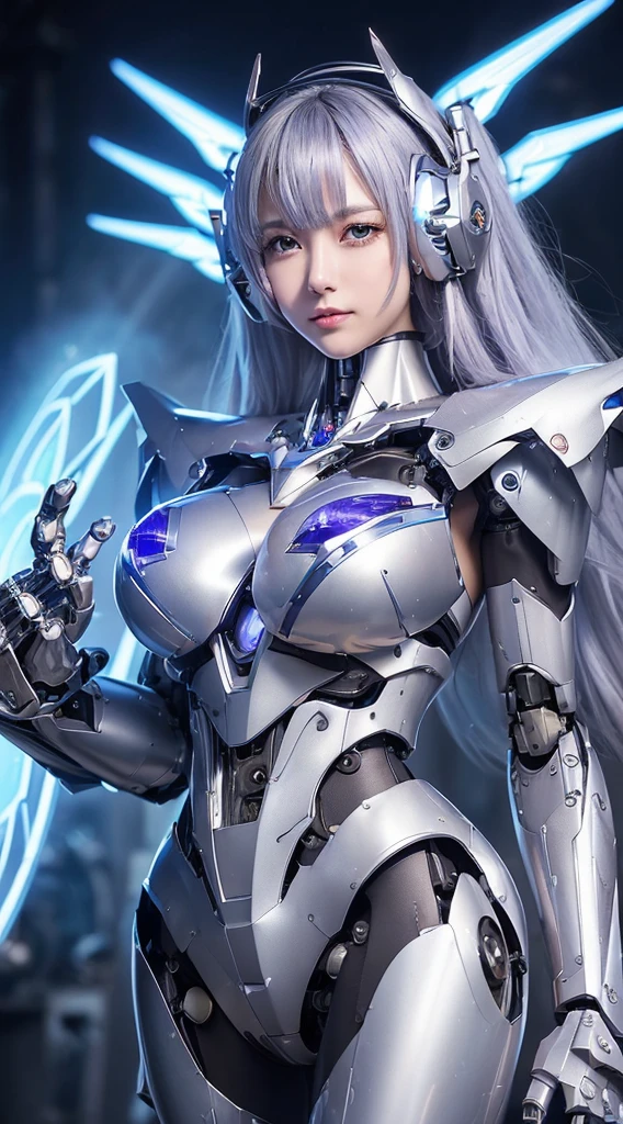 ((Intense action pose:1.6))、((Shining lenses on both breasts:1.3))、((Blue pillars of light are emanating from both chests.:1.3))、smile、((8K)), ((32k)), ((Highest quality)), ((masterpiece)), ((超A high resolution)), ((Tmasterpiece)), ((Halation:1.4))、((Mechaニカルheadgear:1.2))、((Cyber headphones:1.3))、Fine skin, High quality fabric, Fine metal texture、((Beautiful and dense face))、RAW Photos、Professional, Ultra-fine painting, ((alone)), Beautiful breasts、Highest quality, Very detailed, Very detailed詳細, Finer details, so beautiful, ((Princess Knight Robot:1.2)), (Joints of machines, Mechanical Limbs:1.3), (The internal structure of the machine is exposed:1.3), (Long silver hair:1.1), (Beautiful and huge mechanical breasts)、White Veil, cowboy_shot, Side Focus, headgear, Shiny、(Five Fingers, Four fingers and thumb),Concept Art, Anime fantasy artwork, Detailed fantasy art, (with pale blue-violet hair and large white wings,,,,,,,), (((Long silver hair))), (Mecha:1.6)、Sleek and intimidating design, ((Commander-in-Chief'arm)), (Perfect robot body)、純白と青紫armまたは, Symmetrical wings, 8K high quality, detailed art, 3D rendering of character art in 8K, neat legs, Defined, Defined fingers,