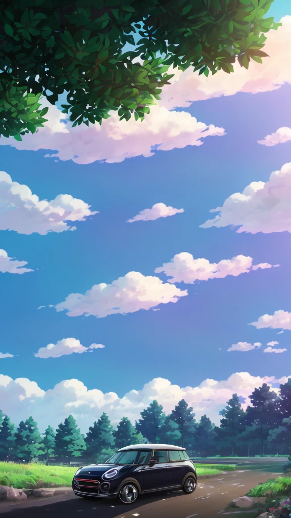 anime black mini cooper driving down a road with trees and sun in the background, anime background, studio ghibli sunlight, anime background art, anime beautiful peace scene, amazing wallpaper, anime nature, ( ( makoto shinkai ) ), anime countryside landscape, makoto shinkai cyril rolando, lofi art, beautiful anime scene, anime nature wallpaper, lofi artstyle, black mini cooper,