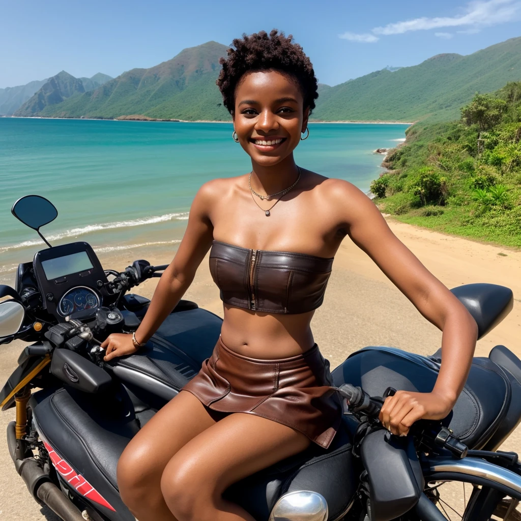 Shakia is beautiful, smiling happily, wearing a strapless crop top, extremely short brown leather skirt, sitting on a distributed motorbike, coastal road