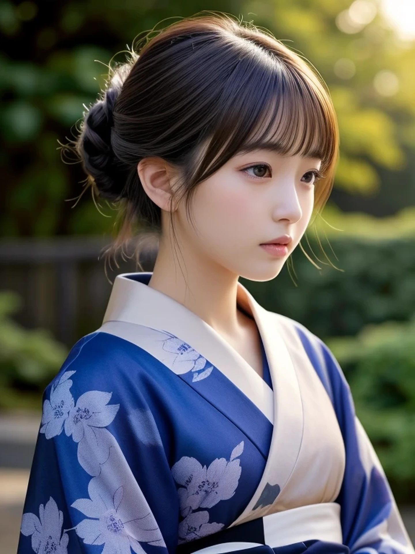 1 Japanese girl, (looking away:1.4), (upper body shot:1.2), Beautifully detailed eyeballs, catchlight in the eyes, Realistic digital painting of a woman portrait, Shy,  Cute,  open mouth to say something, sad, brown eyes,  (half updo,:1.1), (light brown brunette hair:1.3), (Highly detailed skin:1.2), Mystical style, Global Illumination, Traditional Japanese　floral printed Kimono, A silk kimono with a deep indigo base.