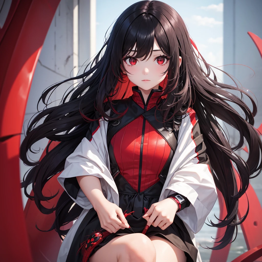 1girl, black wavy hair with red highlights, red eyes , white skin, over spider web