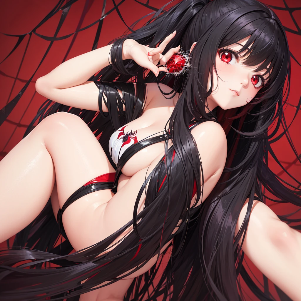 1girl, black wavy hair with red highlights, red eyes ,  white skin, over spider web