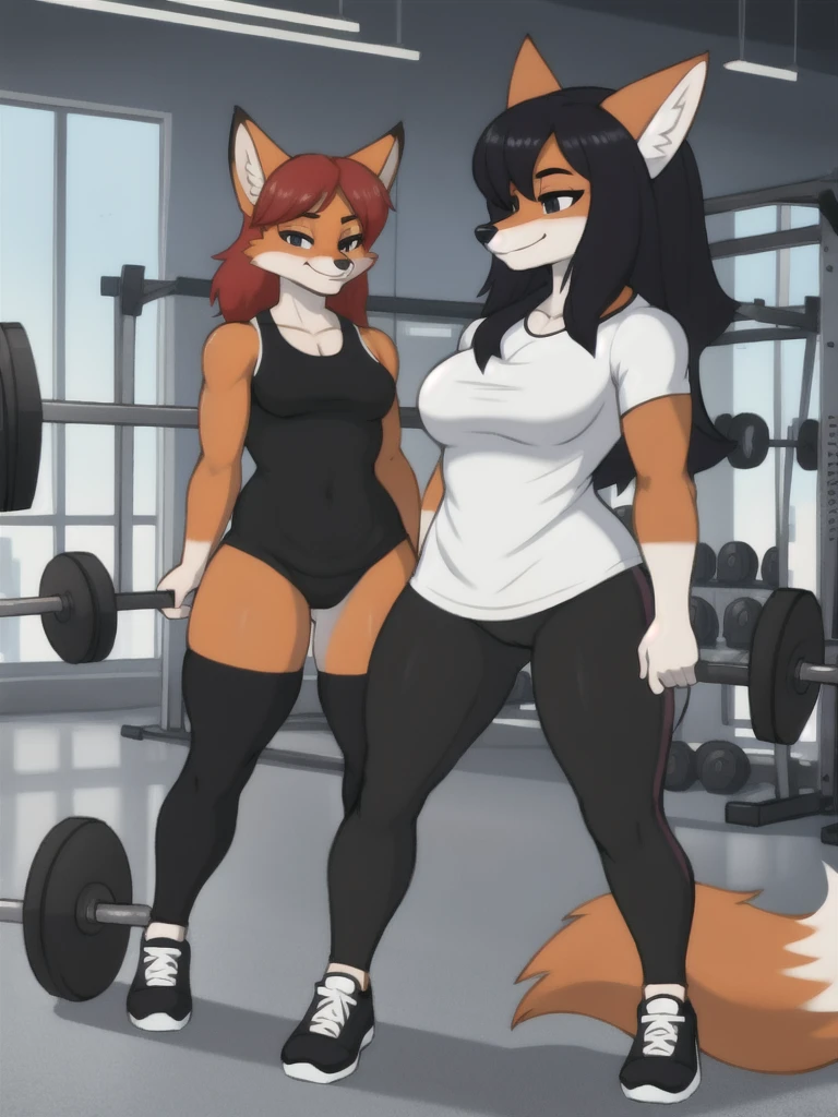 Furry, fox, female, white shirt, black leggings, shoes, gym, , full body