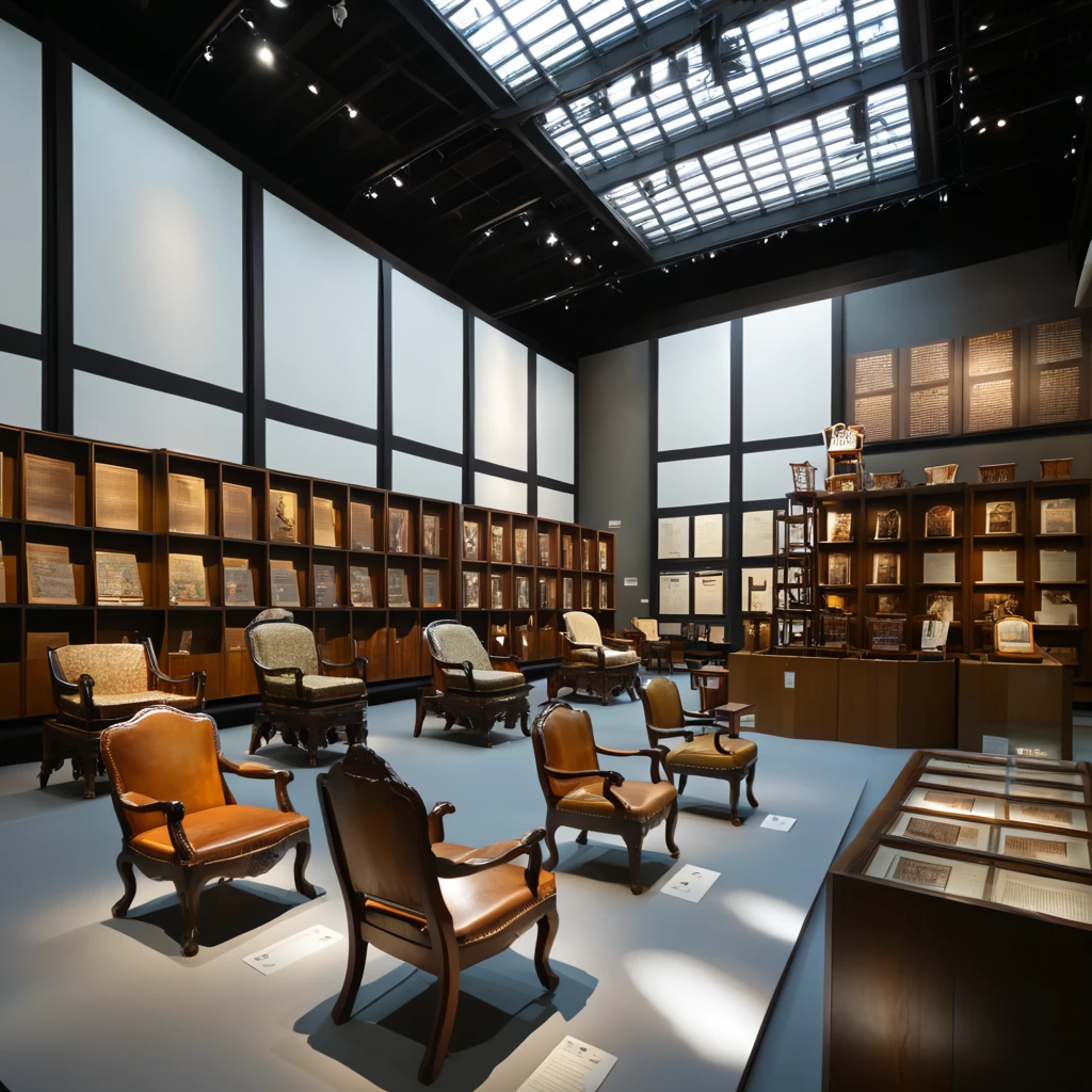 Large space with high ceilings、Large windows let in natural light、The shelves display chairs from different eras and styles.。Information plaques are placed next to each chair.、Visitors viewing the exhibit