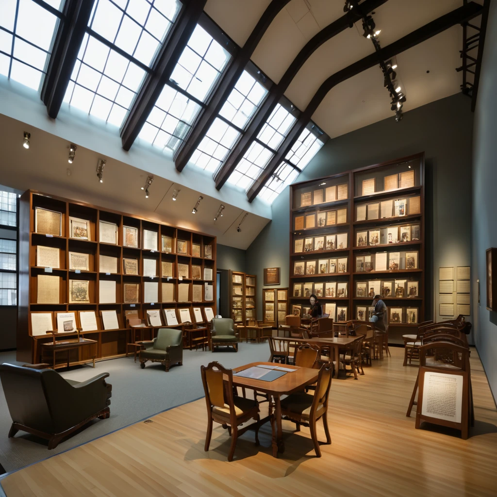 Large space with high ceilings、Large windows let in natural light、The shelves display chairs from different eras and styles.。Information plaques are placed next to each chair.、Visitors viewing the exhibit