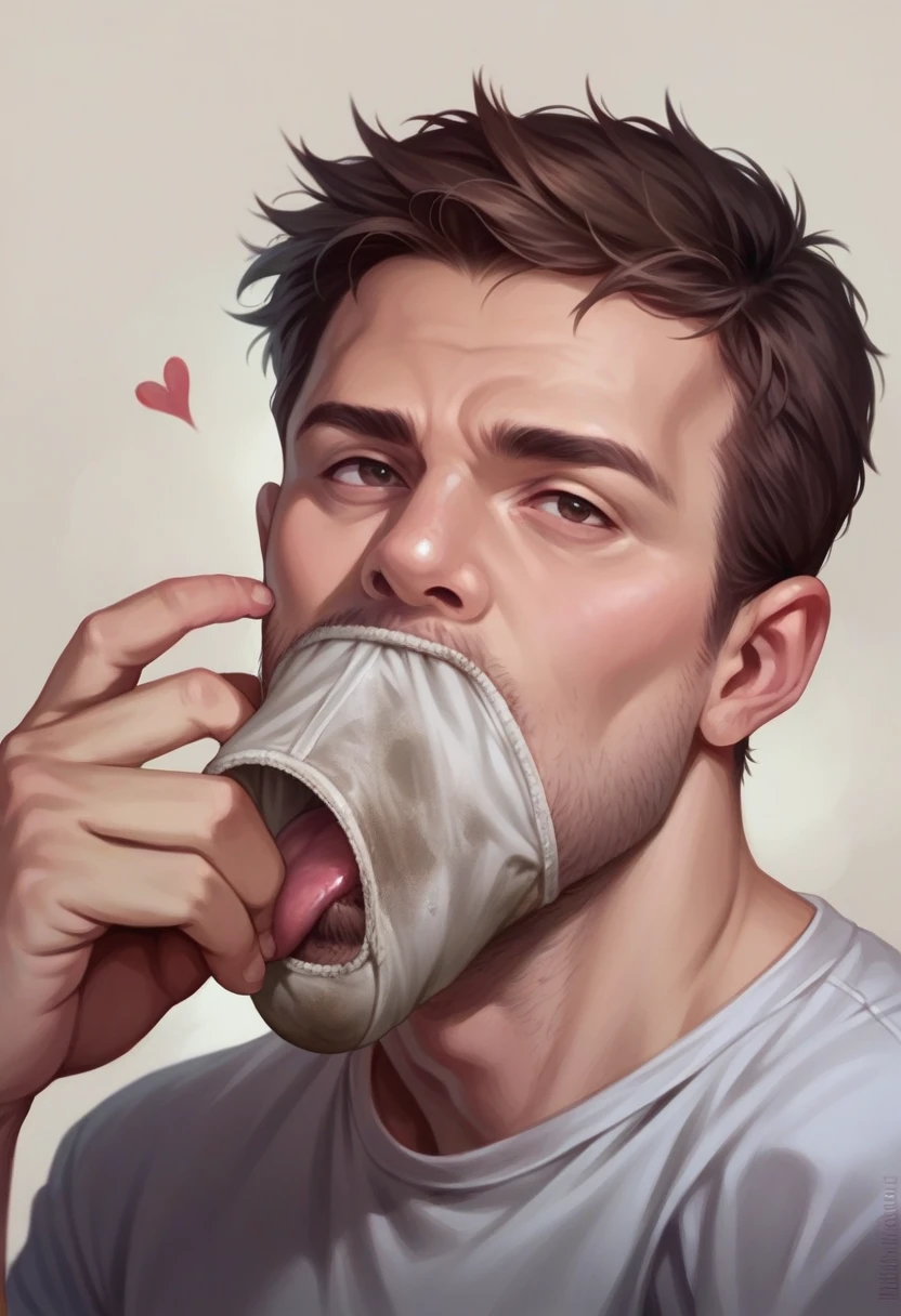 a mature man in his 40s licking, sucking and smelling a dirty underwear, detailed face and expression, realistic, photorealistic, highly detailed, 8k