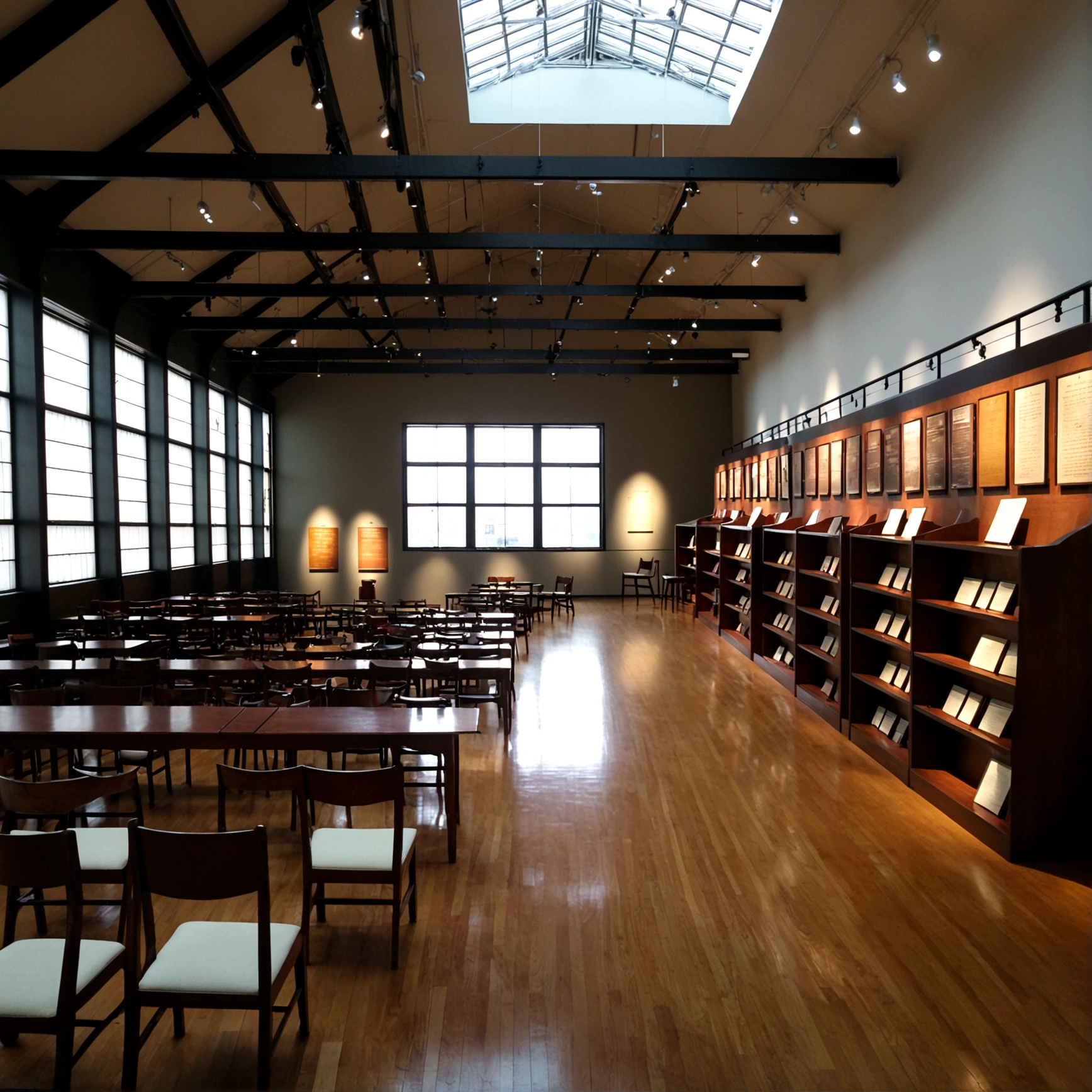 Large space with high ceilings、Large windows let in natural light、The shelves display chairs from different eras and styles.。Information plaques are placed next to each chair.、Visitors viewing the exhibit