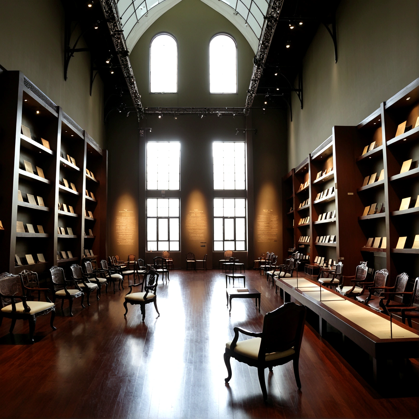 Large space with high ceilings、Large windows let in natural light、The shelves display chairs from different eras and styles.。Information plaques are placed next to each chair.、Visitors viewing the exhibit