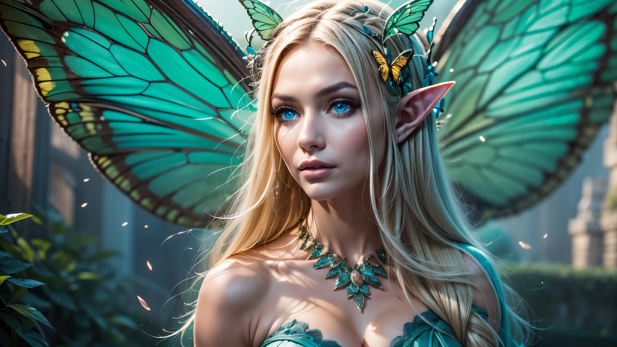Beautiful, Amazing face and eyes, makeup, (extremely detailed beautiful face), Blonde, (sexiest look), (Beautiful breasts:1.3), (Best Quality:1.4), (Ultra-detailed), (extremely detailed CG unified 8k wallpaper), Highly detailed, RAW Photos, Professional Photography, (silk see through lace:1.3), full body, sitting, (Spread your legs), (:1.4), plein air, Illumination, (Super fancy photos:1.4), (Dazzling light), Radiant Photography, depth of fields, (Glowing blue eyes), (realistic elf ear), (castle, fantasy setting), ((orbs)), massive butterfly wings, flowing butterfly wings,