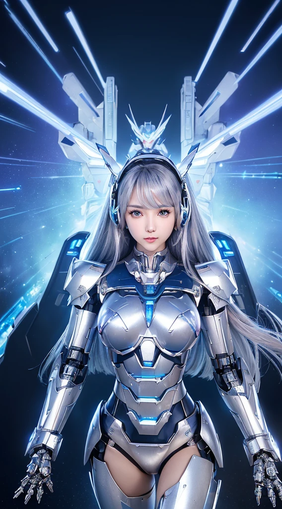 ((Intense action pose:1.6))、((Shining lenses on both breasts:1.3))、((Blue pillars of light are emanating from both chests.:1.3))、smile、((8K)), ((32k)), ((Highest quality)), ((masterpiece)), ((超A high resolution)), ((Tmasterpiece)), ((Halation:1.4))、((Mechaニカルheadgear:1.2))、((Cyber headphones:1.3))、Fine skin, High quality fabric, Fine metal texture、((Beautiful and dense face))、RAW Photos、Professional, Ultra-fine painting, ((alone)), Beautiful breasts、Highest quality, Very detailed, Very detailed詳細, Finer details, so beautiful, ((Princess Knight Robot:1.2)), (Joints of machines, Mechanical Limbs:1.3), (The internal structure of the machine is exposed:1.3), (Long silver hair:1.1), (Beautiful and huge mechanical breasts)、White Veil, cowboy_shot, Side Focus, headgear, Shiny、(Five Fingers, Four fingers and thumb),Concept Art, Anime fantasy artwork, Detailed fantasy art, (with pale blue-violet hair and large white wings,,,,,,,), (((Long silver hair))), (Mecha:1.6)、Sleek and intimidating design, ((Commander-in-Chief'arm)), (Perfect robot body)、純白と青紫armまたは, Symmetrical wings, 8K high quality, detailed art, 3D rendering of character art in 8K, neat legs, Defined, Defined fingers,