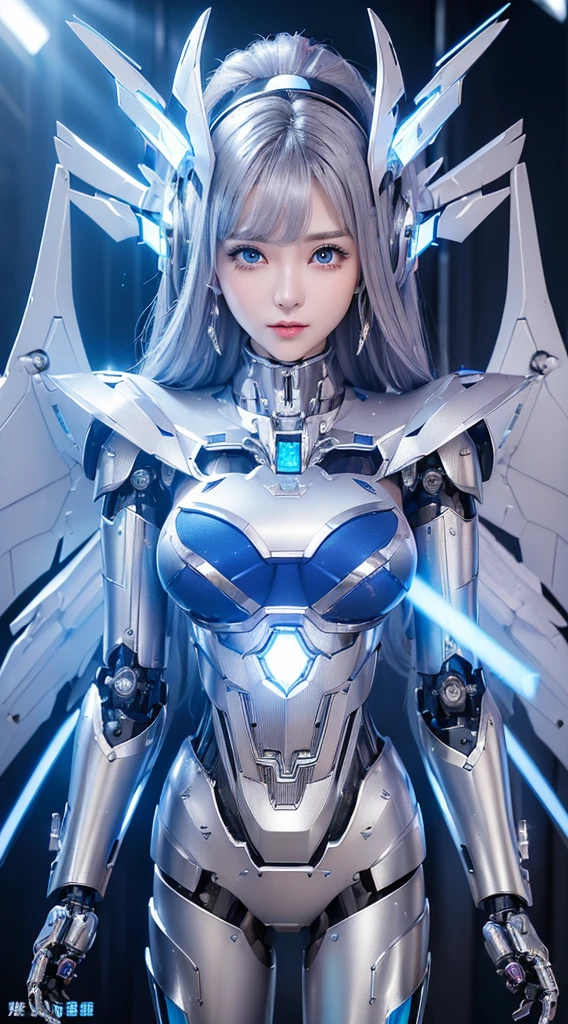 ((Intense action pose:1.6))、((Shining lenses on both breasts:1.3))、((Blue pillars of light are emanating from both chests.:1.3))、smile、((8K)), ((32k)), ((Highest quality)), ((masterpiece)), ((超A high resolution)), ((Tmasterpiece)), ((Halation:1.4))、((Mechaニカルheadgear:1.2))、((Cyber headphones:1.3))、Fine skin, High quality fabric, Fine metal texture、((Beautiful and dense face))、RAW Photos、Professional, Ultra-fine painting, ((alone)), Beautiful breasts、Highest quality, Very detailed, Very detailed詳細, Finer details, so beautiful, ((Princess Knight Robot:1.2)),  (Joints of machines, Mechanical Limbs:1.3), (The internal structure of the machine is exposed:1.3), (Long silver hair:1.1), (Beautiful and huge mechanical breasts)、White Veil, cowboy_shot, Side Focus, headgear, Shiny、(Five Fingers, Four fingers and thumb),Concept Art, Anime fantasy artwork, Detailed fantasy art, (with pale blue-violet hair and large white wings,,,,,,,), (((Long silver hair))), (Mecha:1.6)、Sleek and intimidating design, ((Commander-in-Chief&#39;arm)), (Perfect robot body)、純白と青紫armまたは, Symmetrical wings, 8K high quality, detailed art, 3D rendering of character art in 8K, neat legs, Defined, Defined fingers,