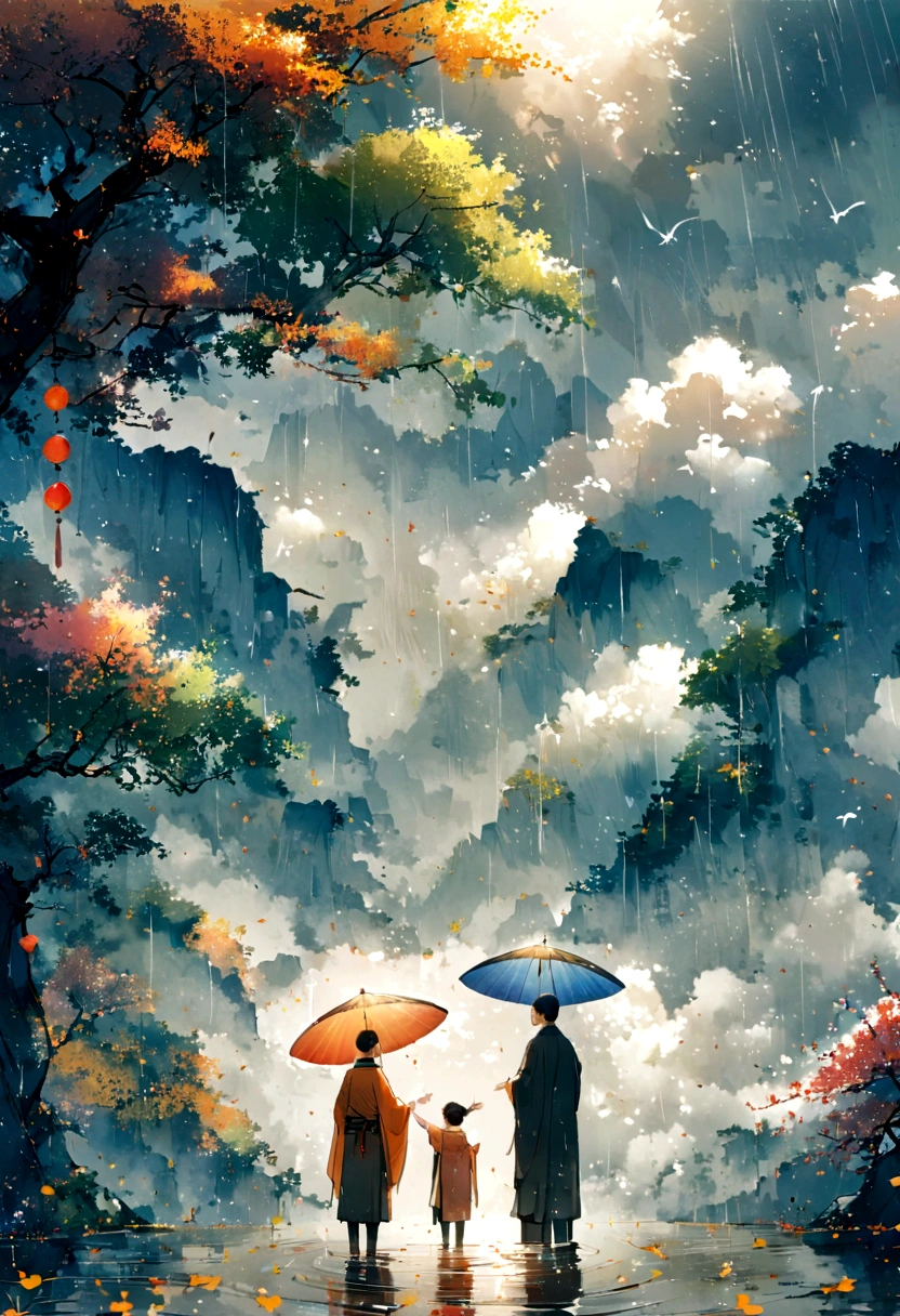 （（After the Rain彩虹）），sky sky, blue, White Cloud, After the Rain, Sunlight, refraction, Seven colors, 红色of, orange, of, 绿色of, blueof, Purple, arc, 通往天堂of桥, Light, dream magic, want to, 平静of湖面, inverted image, 树of轮廓, Birds flying, Fresh, magic, 美丽of自然景观