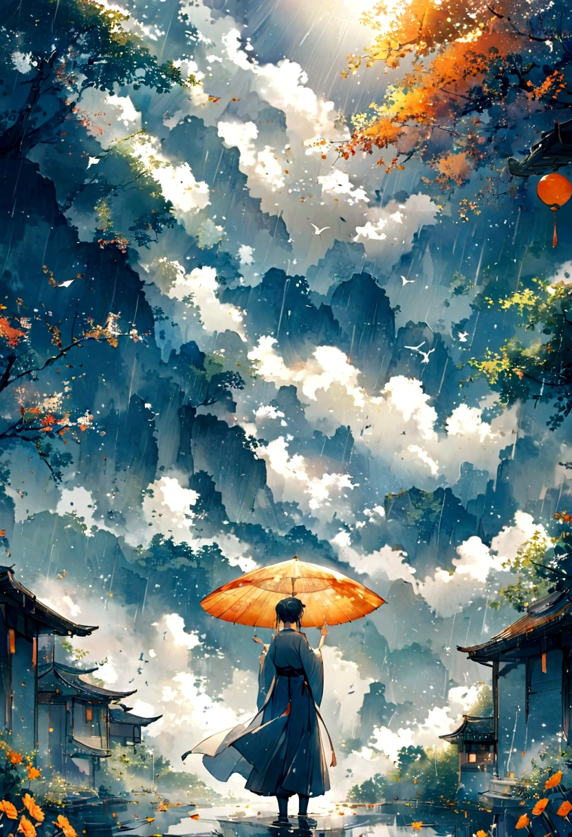 （（After the Rain彩虹）），sky sky, blue, White Cloud, After the Rain, Sunlight, refraction, Seven colors, 红色of, orange, of, 绿色of, blueof, Purple, arc, 通往天堂of桥, Light, dream magic, want to, 平静of湖面, inverted image, 树of轮廓, Birds flying, Fresh, magic, 美丽of自然景观