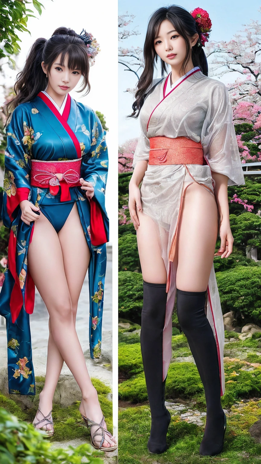 最high quality、high quality、Best image quality、8K、最High resolution、High resolution、最high quality、masterpiece、RAW Photos、whole body写真、Detailed and realistic human body、Detailed and realistic skin、Realistic face in every detail、Detailed and realistic eyes、Detailed and realistic lips、Detailed and realistic teeth、Detailed and realistic ears、Detailed and realistic hair、Realistic reproduction of every detail、((Beautiful Hands(thumb1、reference4))、Realistic feet down to the last detail、((Beautiful Japanese Girl))、(Japanese Model)、((18 year old beautiful girl))、(Black Hair)、(Random Hairstyles)、((whole body))、((Slim and perfect figure))、(Beautiful and firm breasts)、(whole body光沢肌、Fair skin)、Soft natural light、Mini Chinese Dress、Mini Kimono、Ninja costume、Japanese tradition、Japanese garden、((Colorful see-through(花柄のNinja costume))、((Relax in the garden(Poses to make your thighs look beautiful))