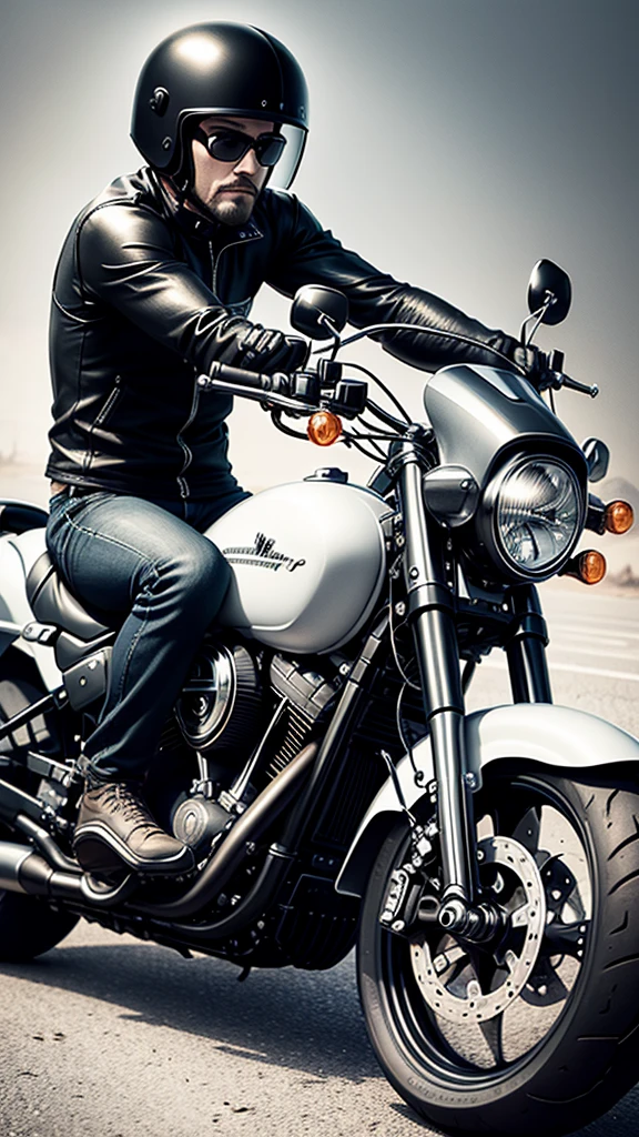 Drawing of a Harley Davidson motorcycle being ridden by a man wearing a black closed helmet. black and white drawing