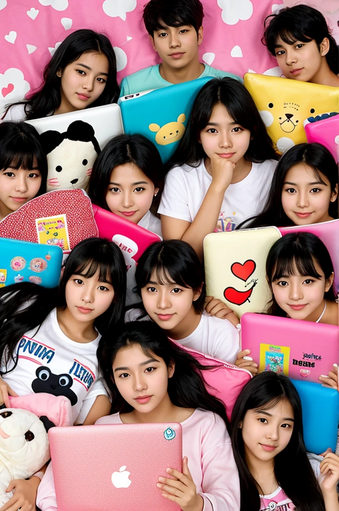 Young black-haired Latina high school student en su cama en pijama con peluches , laptop y posters de grupos k pop