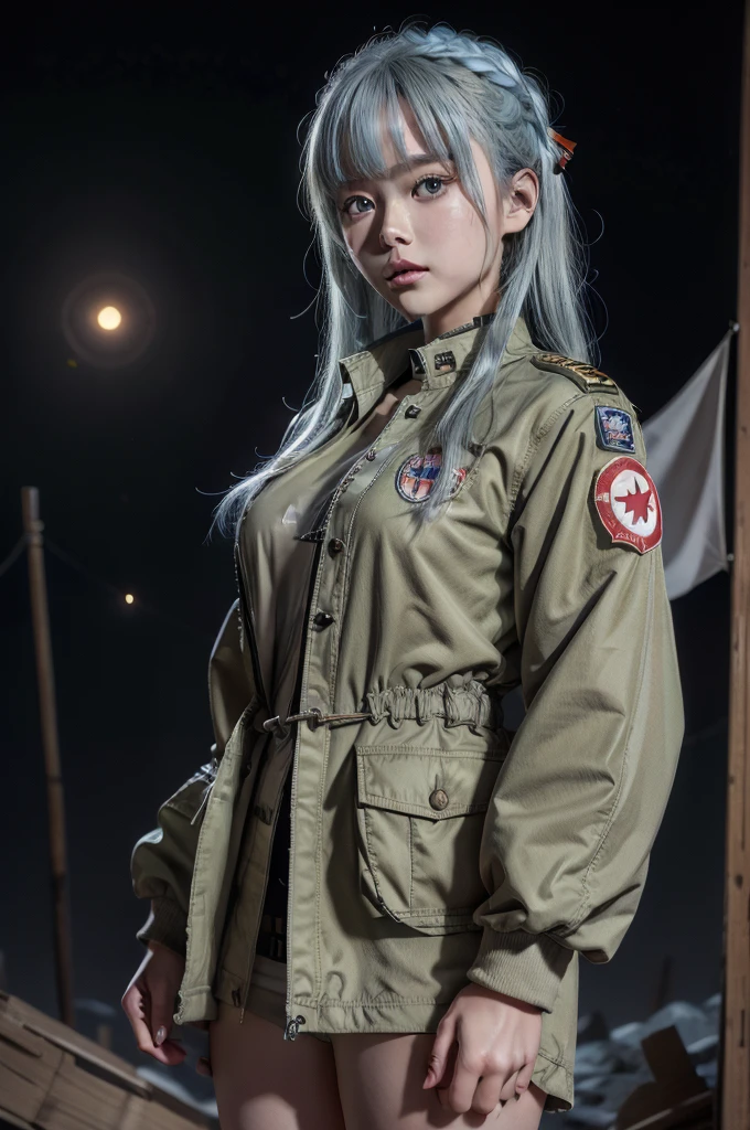 A futuristic world,A perfect illustration of Artificial Intelligence,After 5143, 8K, extremely detaild , perfect，hyper-detailed face， de 16 anos，Eight-headed body，Silky light blue hair，Bitgirl，Background to the near future，During night combat，ssmile，Dress Type，((Wear a khaki military jacket,Troop jacket with Japanese flag emblems))、Full ar、(((The world of Bladenanner)))、ruins