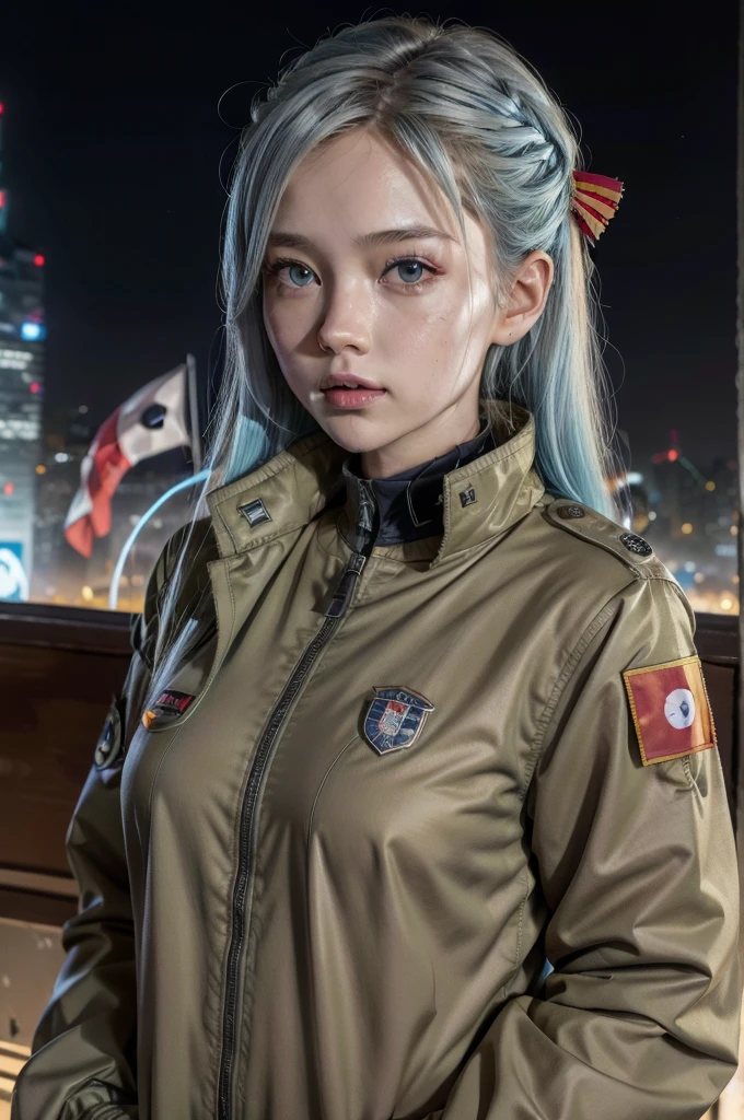 A futuristic world,A perfect illustration of Artificial Intelligence,After 5143, 8K, extremely detaild , perfect，hyper-detailed face， de *******，Eight-headed body，Silky light blue hair，Bitgirl，Background to the near future，During night combat，ssmile，Dress Type，((Wear a khaki military jacket,Troop jacket with Japanese flag emblems))、Full ar、(((The world of Bladenanner)))、ruins