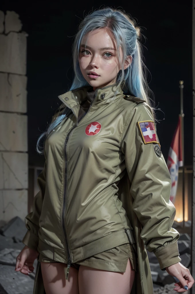 A futuristic world,A perfect illustration of Artificial Intelligence,After 5143, 8K, extremely detaild , perfect，hyper-detailed face， de 16 anos，Eight-headed body，Silky light blue hair，Bitgirl，Background to the near future，During night combat，ssmile，Dress Type，((Wear a khaki military jacket,Troop jacket with Japanese flag emblems))、Full ar、(((The world of Bladenanner)))、ruins