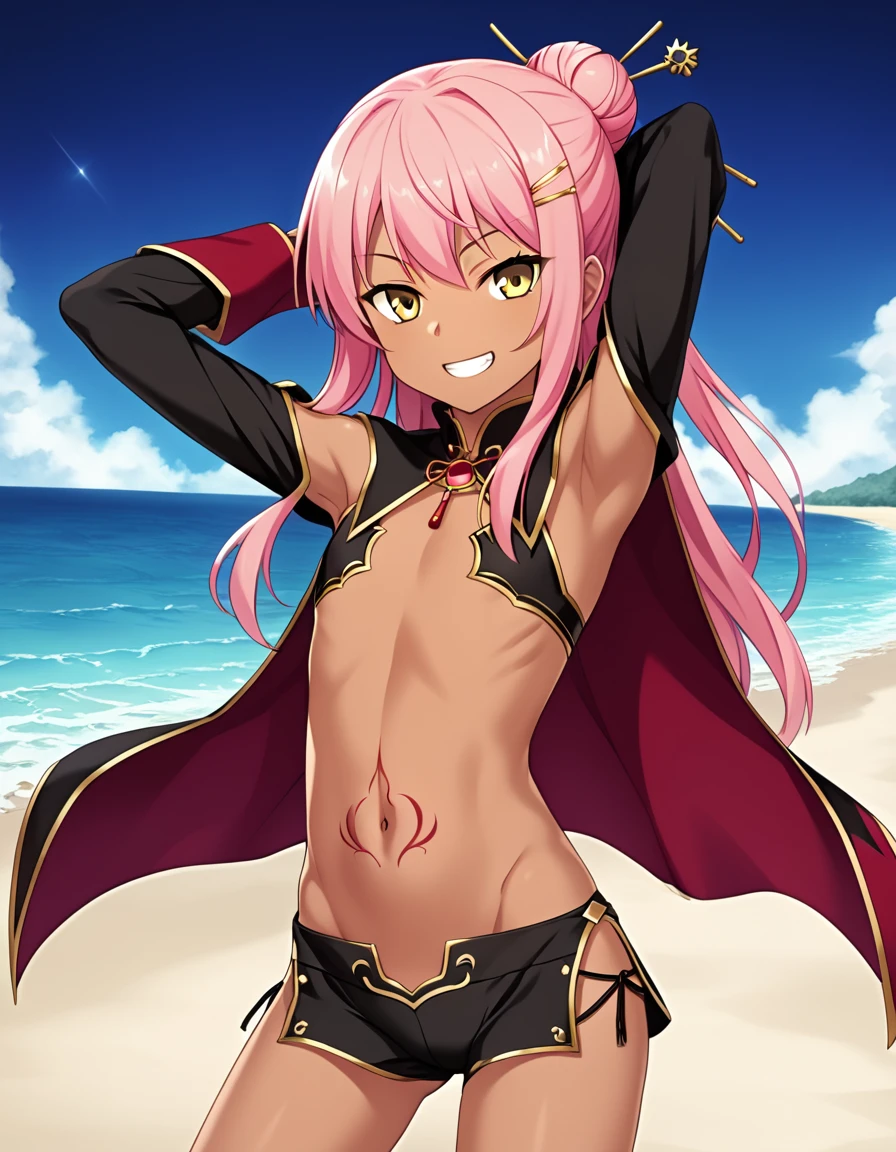 chloebase, pink hair, long hair, hair bun, hairpin, yellow eyes, dark skin, dark-skinned female, long sleeves, stomach tattoo, midriff, waist cape, 1girl, solo, younger, flat chest,
high quality, solo, night sky, beach, arms behind head, contrapposto, closed mouth, spread armpits, (cowboy shot:1.5), looking at viewer, grin, best quality, game cg, anime screencap, official art, masterpiece, best quality
