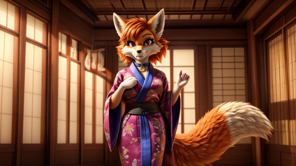 Skye from Paw Patrol series, she doesn't have a collar ou something with the emblem, she is a white kitsune fox, mature adult, mommy, big breasts, big butt, kimono, short fluffy orange hair, magenta eyes, standing, inside a dojo, detailed, solo, beautiful, high quality, 4K