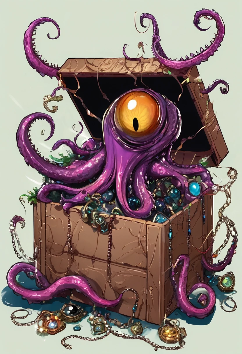 Strange box monster,Open,Fangs,A big eye,Long tentacles,Scattered jewelry