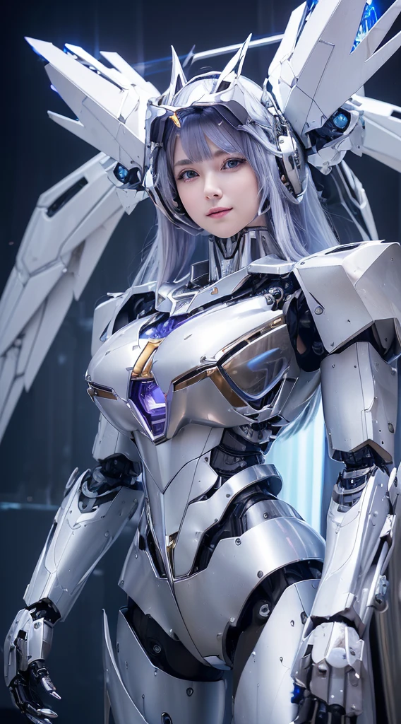 ((Intense action pose:1.hining lenses on both breasts((Blue pillars of light are emanating from both chests.:1.3))、smile、((8K(32k)), ((Highest quality)), ((masterpiece)), ((超A high resolution)), ((Tmasterpiece)), ((Halation:1.4))、((Mechaニカルheadgear:1.2))、((Cyber headphones:1.3))、Fine skin, High quality fabric, Fine metal texture、((Beautiful and dense face))、RAW Photos、Professional, Ultra-fine painting, ((alone)), Beautiful breasts、Highest quaery detailed, Very detailed詳細, Finer details, so beautiful, ((Princess Knight Robot:1.2)), (Joints of machines, Mechanical Limbs:1.3), (The internal structure of the machine is exposed:1.3), (Long silver hair:1.1), (Beautiful and huge mechanical breasts)、White Veil, cowbo Side Focus, headgear, Shiny、(Five Fingers, Four fingers and thumb),Concept Art, Anime fantasy artwork, Detailed fantasy art, (with pale blue-violet hair and large white wings,,,,,,,), (((Long silver hair))), (Mecha:1.6)、Sleek and intimidating design,ommander-in-Chief'arm)), (Perfect robot body)、純白と青紫armまたは, Symmetrical wings, 8K high quality, detailed art, 3D rendering of character art in 8K, neat legs, Defined, Defined fingers,