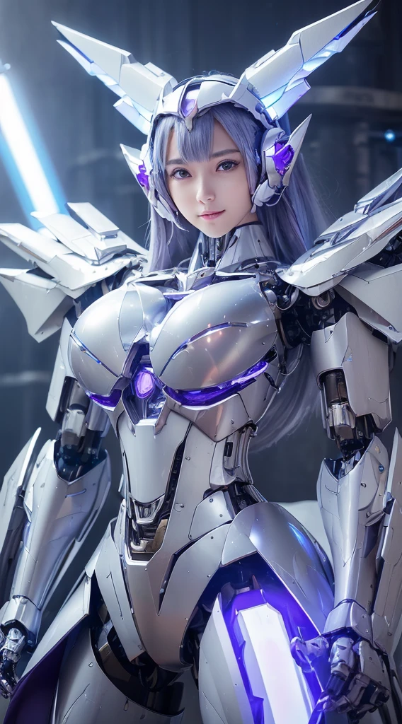 ((Intense action pose:1.6))、((Shining lenses on both breasts:1.3))、((Blue pillars of light are emanating from both chests.:1.3))、smile、((8K)), ((32k)), ((Highest quality)), ((masterpiece)), ((超A high resolution)), ((Tmasterpiece)), ((Halation:1.4))、((Mechaニカルheadgear:1.2))、((Cyber headphones:1.3))、Fine skin, High quality fabric, Fine metal texture、((Beautiful and dense face))、RAW Photos、Professional, Ultra-fine painting, ((alone)), Beautiful breasts、Highest quality, Very detailed, Very detailed詳細, Finer details, so beautiful, ((Princess Knight Robot:1.2)),  (Joints of machines, Mechanical Limbs:1.3), (The internal structure of the machine is exposed:1.3), (Long silver hair:1.1), (Beautiful and huge mechanical breasts)、White Veil, cowboy_shot, Side Focus, headgear, Shiny、(Five Fingers, Four fingers and thumb),Concept Art, Anime fantasy artwork, Detailed fantasy art, (with pale blue-violet hair and large white wings,,,,,,,), (((Long silver hair))), (Mecha:1.6)、Sleek and intimidating design, ((Commander-in-Chief&#39;arm)), (Perfect robot body)、純白と青紫armまたは, Symmetrical wings, 8K high quality, detailed art, 3D rendering of character art in 8K, neat legs, Defined, Defined fingers,