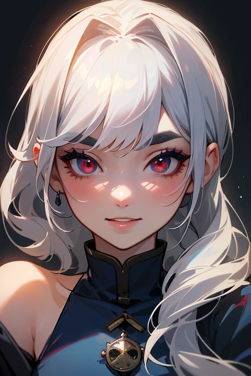 (Highest quality, masterpiece:1.2), (High resolution, 最高masterpiece).(difficult).Very detailed, Realistic:1.37, Fantasy, An illustration,Gray Hair、 Red eyes、Queen, Navy and blue dress、beautifully、Eyeshadow Red、Thick eyebrows、Long eyelashes、pupils are black、shiny on the lips、Top Sites、Queen、Princess、A kind smile、Show your teeth a little and smile、Soft impression、people々々々々々々々々々Loved by、Slimming the face、Shoulder Bare、ponytail、Kissing Face、Long white hair、Shaggy Bangs、Save face image、