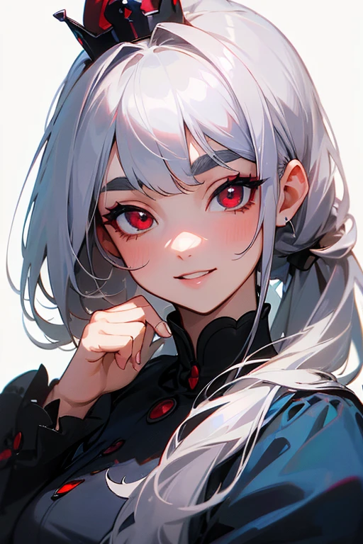 (Highest quality, masterpiece:1.2), (High resolution, 最高masterpiece).(difficult).Very detailed, Realistic:1.37, Fantasy, An illustration,Gray Hair、 Red eyes、Queen, Navy and blue dress、beautifully、Eyeshadow Red、Thick eyebrows、Long eyelashes、pupils are black、shiny on the lips、Top Sites、Queen、Princess、A kind smile、Show your teeth a little and smile、Soft impression、people々々々々々々々々々Loved by、Slimming the face、Shoulder Bare、ponytail、Kissing Face、Long white hair、Shaggy Bangs、Save face image、