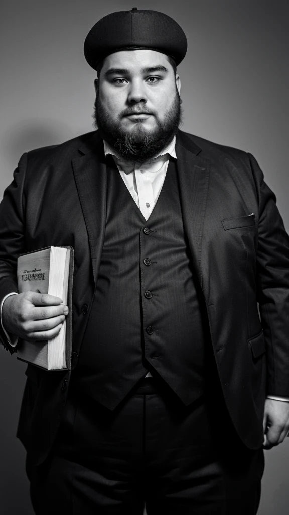 Fat man in suit with beard holding a thick cover book that says constitution of 1917 black and white image 