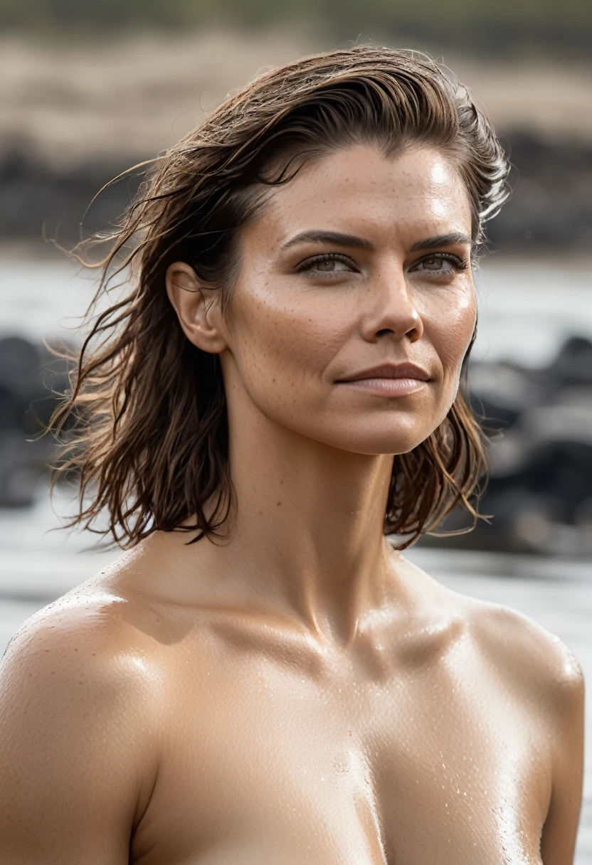  high quality  Erotic shot , ( lauren_cohan  , oily face, sensual detailed ultra realistic  skin texture  ) celebrity erotic photograph , nude,  extremely long  hair ,tall figure , smiling ,seductively , piny skin tone:1.4  erotic photoshoot , fit muscular figure , exhausted look, rainy, warm, sunny, shiny sweaty skin, on beach, wet hair, celebrity, female,  woman, hollywood actress,  fleshy muscular woman  , ( natural lights, depth of field, insanely detailed skin texture, hyper detailed features )